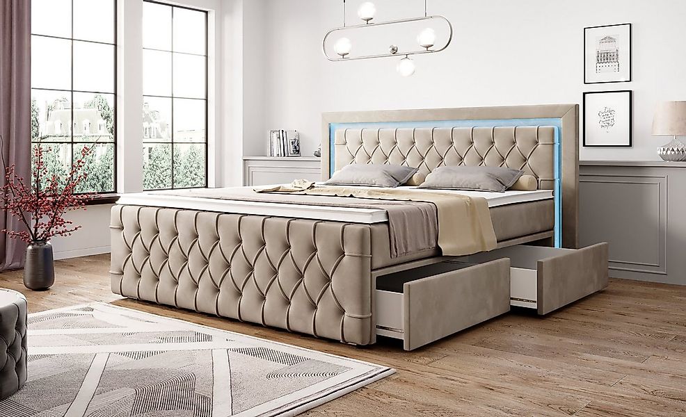 PROMETO Möbel Boxspringbett Arosa - Schubladen, LED 16 Farben, Matratze, To günstig online kaufen