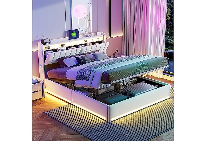 PXloue Polsterbett LED Doppelbett, Bettkasten, Ladefunktion, Samt, 140x200 günstig online kaufen