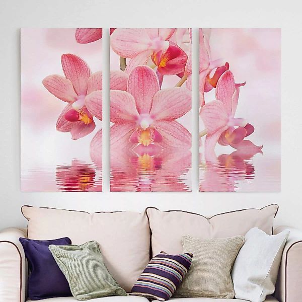 3-teiliges Leinwandbild Blumen - Querformat Rosa Orchideen auf Wasser günstig online kaufen