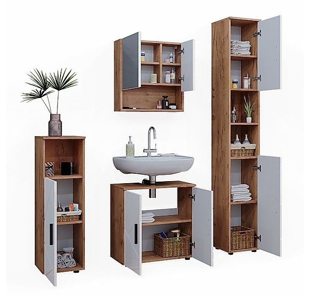 Vicco Badmöbel-Set Irma, Eiche/Weiß Hochglanz, 4 Teile, mit Hochschrank, (4 günstig online kaufen