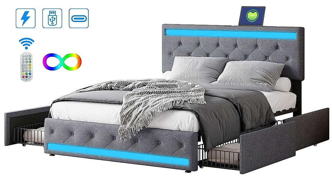 FUROKOY Stauraumbett Polsterbett Doppelbett mit LED-Beleuchtung günstig online kaufen