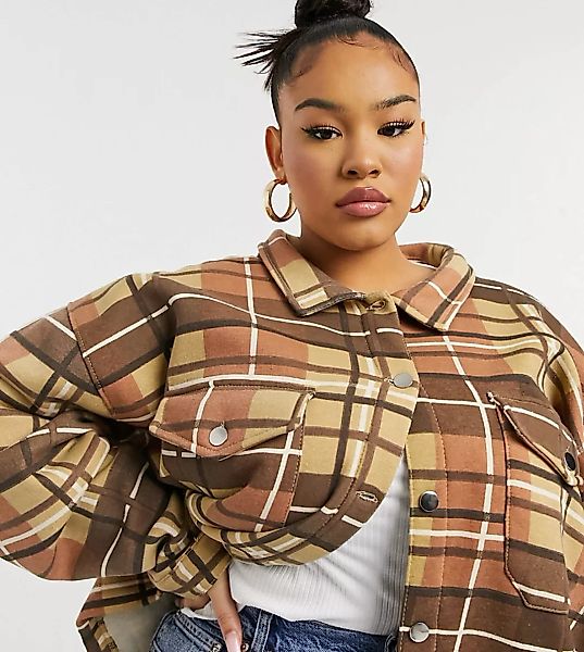 Lasula Plus – Karierte Oversize-Jacke in Braun günstig online kaufen