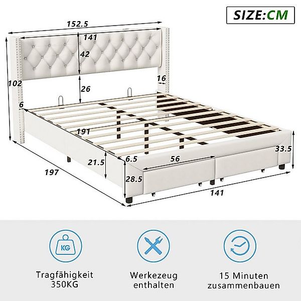 FUROKOY Polsterbett Doppelbett Nietbett Bett mit Stauraum,Beige (Schublade günstig online kaufen