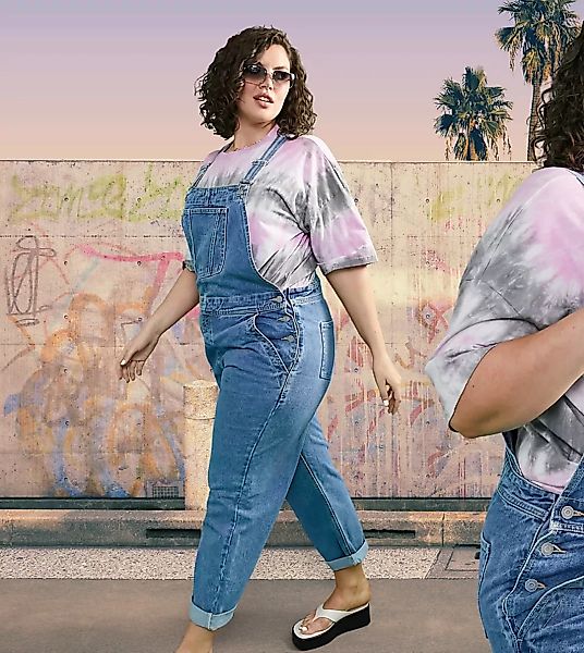 ASOS DESIGN Curve – Original – Jeans-Latzhose in mittlerer Waschung-Blau günstig online kaufen