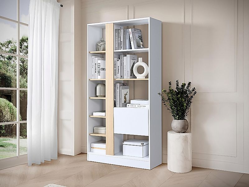 Wohnwand mit 1 Tür & 7 Regalfächern - Holzfarben & Weiß - CALENIA günstig online kaufen