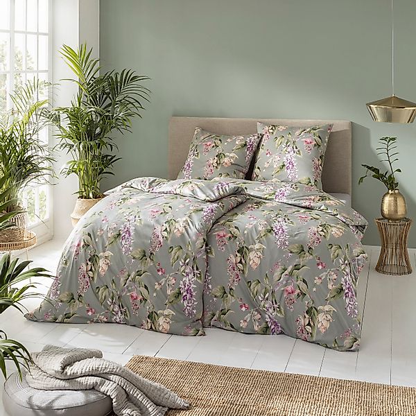 Estella Interlock Jersey Bettwäsche Kalea 6952-16 Blumen Grau 135x200 günstig online kaufen