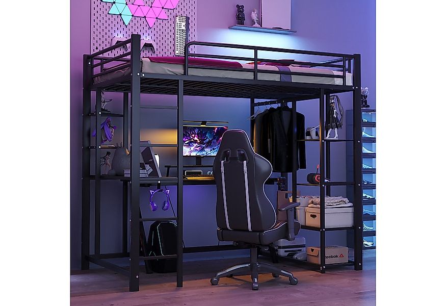 Flieks Hochbett Kinderbett Metallbett 90x200cm mit Tisch und Stauraum günstig online kaufen