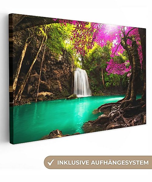 OneMillionCanvasses® Leinwandbild Wasserfall mit bunten Blumen und Bäumen - günstig online kaufen