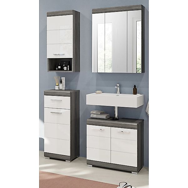 Inn.Furn Badmöbel-Set Weiß Hochglanz Grau 4-teilig 112 cm 16 Fächer Shawn günstig online kaufen