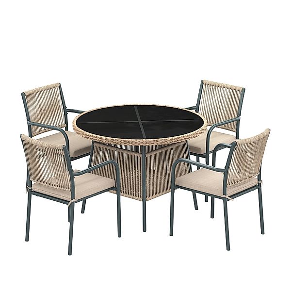 Modernes 5-teiliges Gartenmöbel-Set, runder Tisch mit gehärteter Glasplatte günstig online kaufen