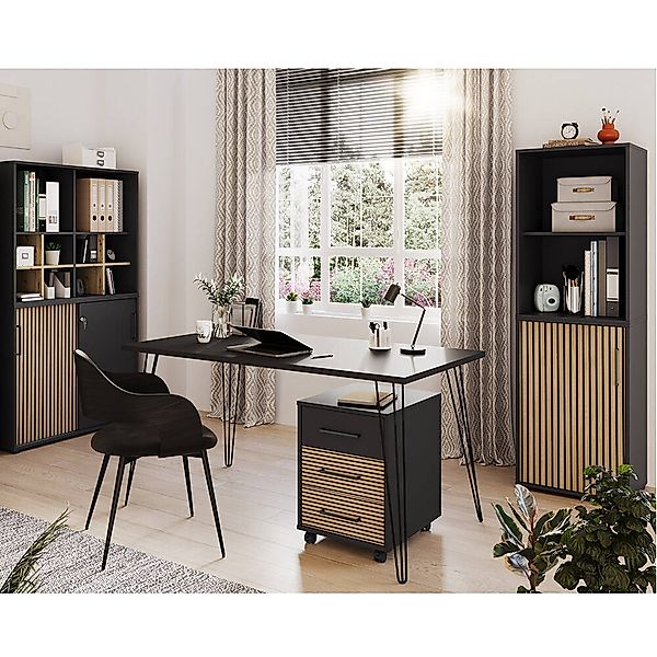 Büromöbel Set 4-teilig mit Schreibtisch, schwarz, Akustikpaneel-Optik HUNTS günstig online kaufen