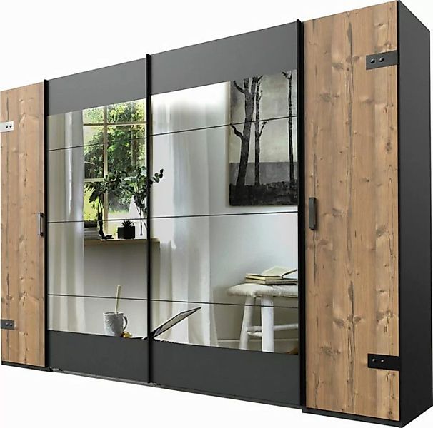 Kleiderschrank Industrial mit Spiegel 272 cm breit Holzoptik / Grau STOCKHO günstig online kaufen