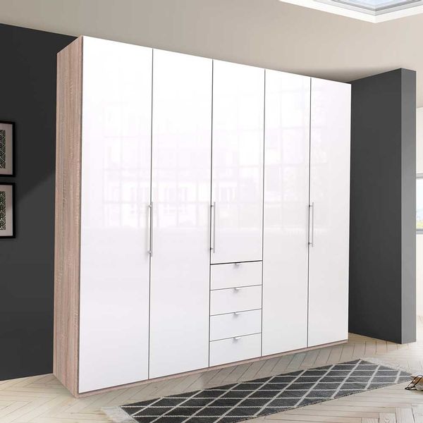 Eleganter Kleiderschrank 3 türig mit vier Schubladen glasbeschichtet günstig online kaufen