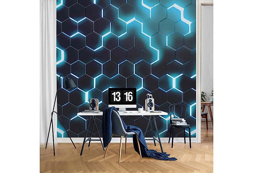Bilderdepot24 Mustertapete Hexagone Neonlicht Türkis 3D-Optik Muster Neon A günstig online kaufen