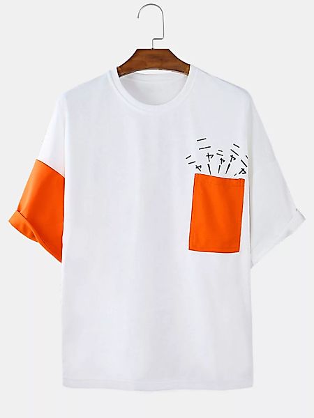 Herren Patchwork Print Brusttasche Loose Casual O-Neck T-Shirts günstig online kaufen