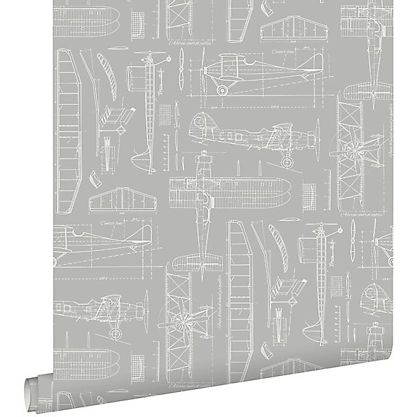 ESTAhome Tapete Kontruktionszeichnungen von Flugzeugen Taupe 53 cm x 10.05 günstig online kaufen