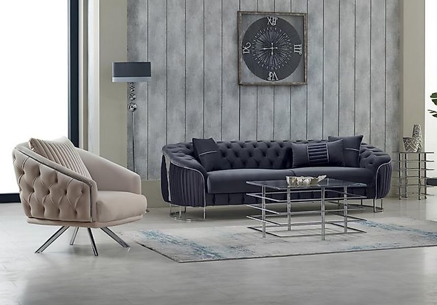 JVmoebel Sofa Couchgarnitur Polstersofa Dreisitzer Sessel Grau Couch Stoffs günstig online kaufen