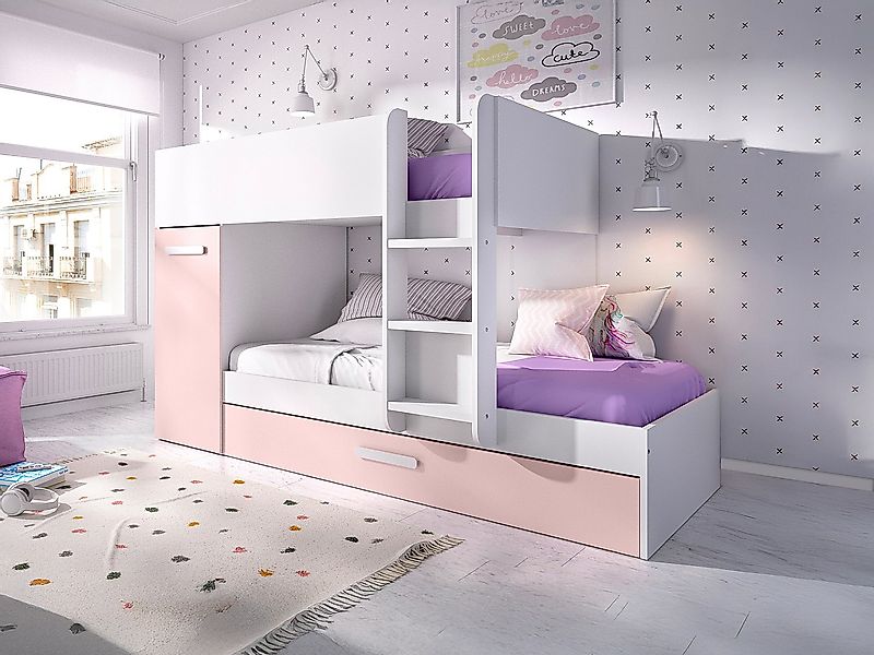 Etagenbett Ausziehbett mit Stauraum + Matratzen - 3x 90 x 190 cm - Weiß, Na günstig online kaufen