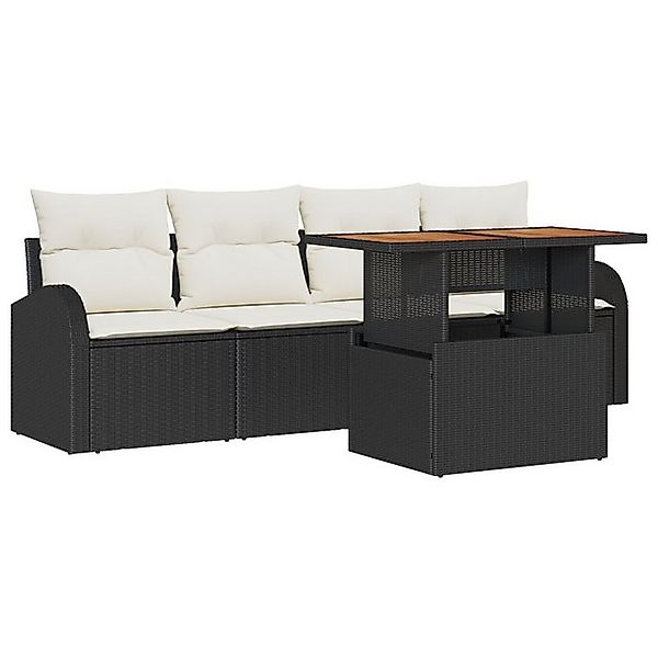 vidaXL Loungesofa 5-teiliges Garten-Essset mit Kissen Schwarz Poly Rattan, günstig online kaufen