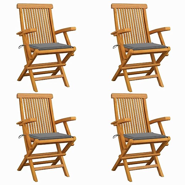 Gartenstühle Mit Grauen Kissen 4 Stk. Teak Massivholz günstig online kaufen