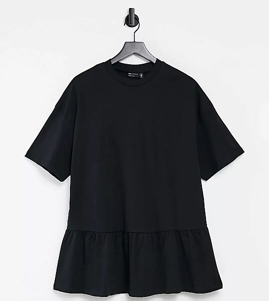 ASOS DESIGN Petite – Oversize-T-Shirt-Kleid mit Volantsaum in Schwarz günstig online kaufen