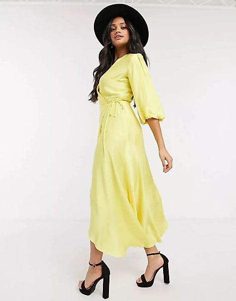 Liquorish – Midi-Wickelkleid mit Ballonärmeln in Gelb günstig online kaufen