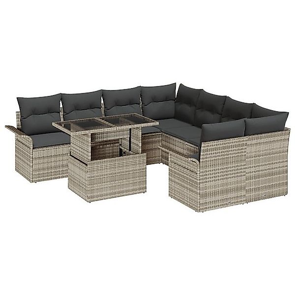 vidaXL Loungesofa 9-teiliges Garten-Sofa-Set mit Kissen Hellgrau Poly-Ratta günstig online kaufen