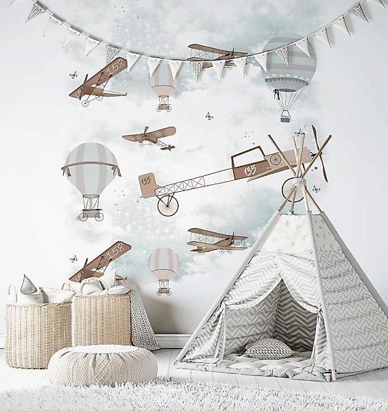 Marburg Kindertapete, Motiv, Flugzeug, Heißluftballon, Tapete für Wohnzimme günstig online kaufen