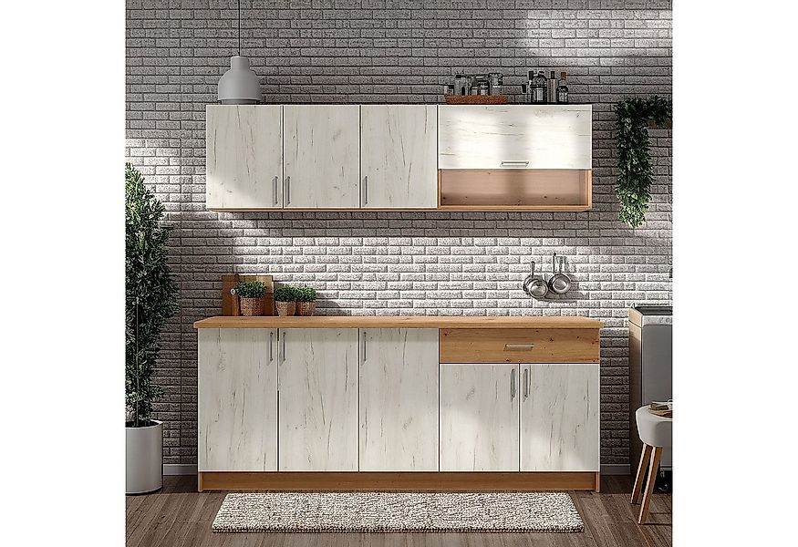 Homestyle4u Küchenzeile 200 cm Weiß & Shabby Eiche Einbauküche ohne Geräte günstig online kaufen