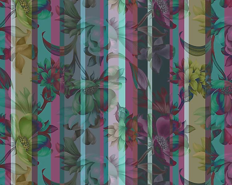 Fototapete "Flowers and Stripes Blue" 4,00x2,50 m / Glattvlies Brillant günstig online kaufen