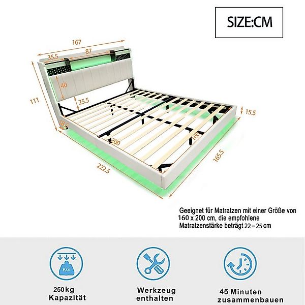 Ulife Polsterbett Schwebebett Doppelbett mit LED-Beleuchtung und USB-Steckd günstig online kaufen