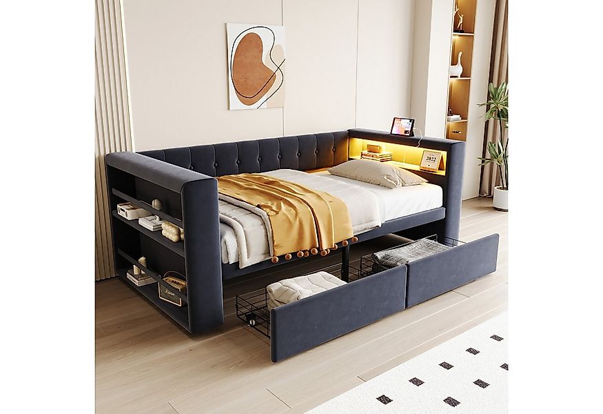 Flieks Daybett, Polsterbett Schlafsofa 90×190cm mit LED, Steckdose und 2 Sc günstig online kaufen
