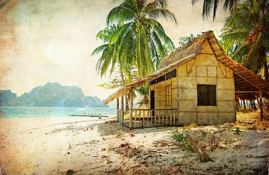 Papermoon Fototapete "PALMEN-STRAND-RETRO VINTAGE KARIBIK SÜDSEE MEER DÜNEN günstig online kaufen