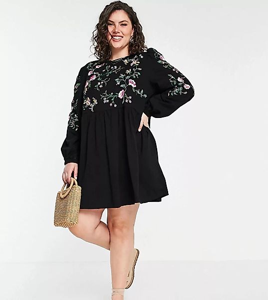 ASOS DESIGN Curve – Langärmliges Mini-Hängerkleid in Schwarz mit rosa Blume günstig online kaufen