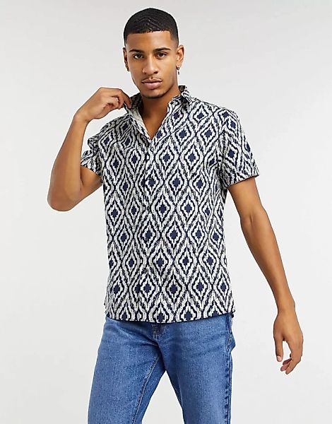 Topman – Kurzärmliges Hemd in Marineblau mit geometrischem Muster-Navy günstig online kaufen