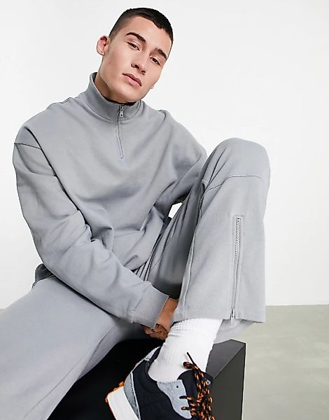 ASOS DESIGN – Oversize-Sweatshirt mit kurzem Reißverschluss in Grau, Kombit günstig online kaufen