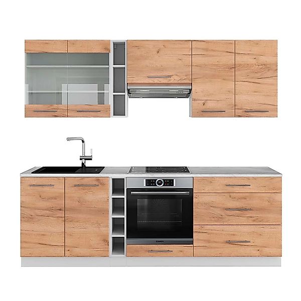 Vicco Fame-Line Küchenzeile Goldkraft Eiche/Weiß 235 cm AP Marmor ohne E-Ge günstig online kaufen