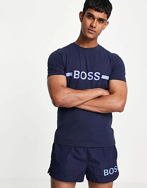 BOSS – Beachwear – Schmal geschnittenes T-Shirt in Marineblau mit Sonnensch günstig online kaufen