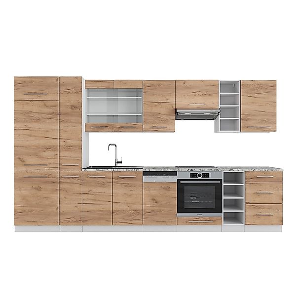 Vicco Fame-Line Küchenzeile Goldkraft Eiche/Weiß 355 cm AP Marmor ohne E-Ge günstig online kaufen