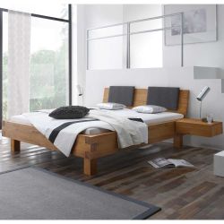Holzbett aus Wildeiche Massivholz mit gepolstertem Kopfteil günstig online kaufen