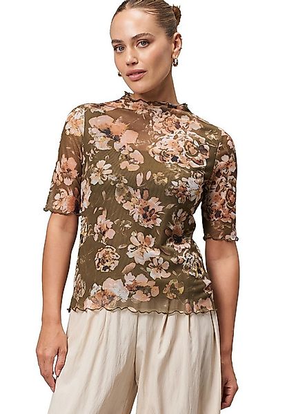 Zero Kurzarmshirt Damen Mesh-Blumen-Shirt mit hohem Kragen (1-tlg) Rüschen günstig online kaufen