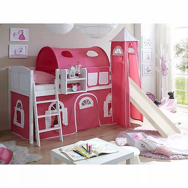 Kinderhochbett mit Turm, Tunnel und Vorhang Weiß und Pink günstig online kaufen