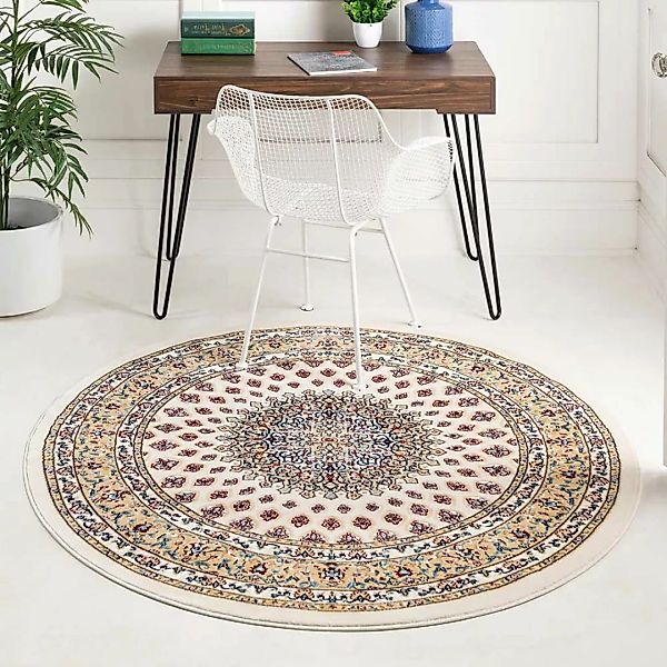 Runder Teppich hell im orientalischen Stil Kurzflor günstig online kaufen