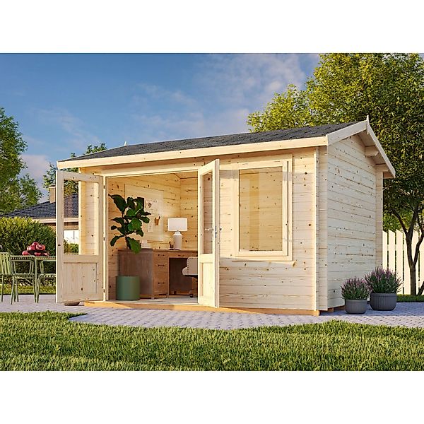 Palmako Iris Holz-Gartenhaus Grau Satteldach Tauchgrundiert 360 cm x 276 cm günstig online kaufen