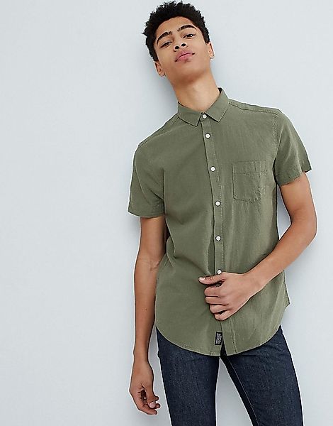 Threadbare – Kurzärmliges Hemd aus Baumwollleinen-Grün günstig online kaufen