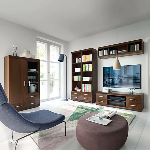 Wohnwand Set mit Vitrinenschrank Nussbaum IMPERIA-129 günstig online kaufen
