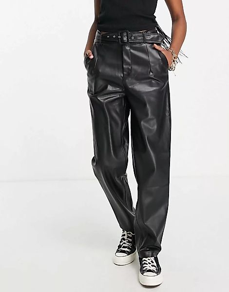 Only – Hose im Leder-Look mit geradem Bein und Gürtel-Schwarz günstig online kaufen