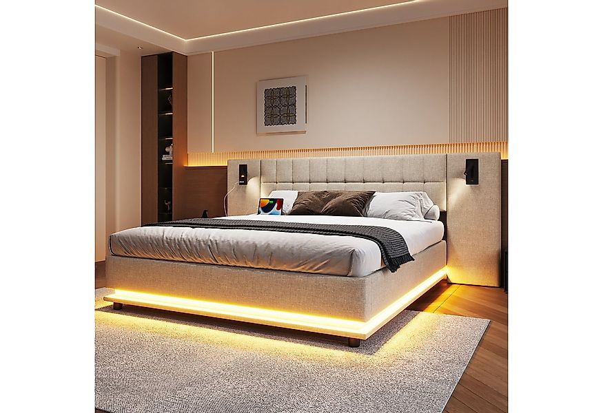 REDOM Polsterbett mit LED-Leiste & USB, Kopfteil mit Spotlicht (Leinen-Dopp günstig online kaufen