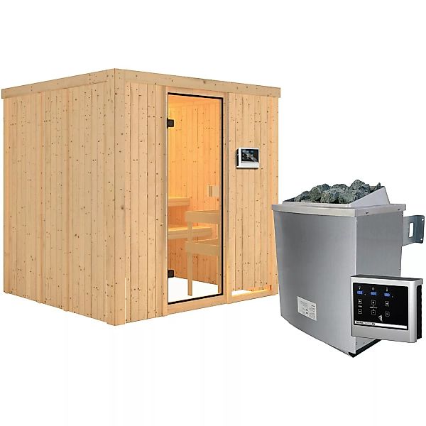 Woodfeeling Sauna Tromsö inkl. 9 kW Ofen mit ext. Strg., Glastür Bronziert günstig online kaufen