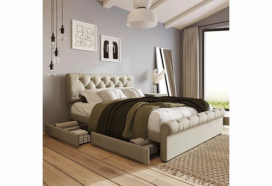 Sweiko Polsterbett (Doppelbett mit höhenverstellbarem Kopfteil und 4 Schubl günstig online kaufen